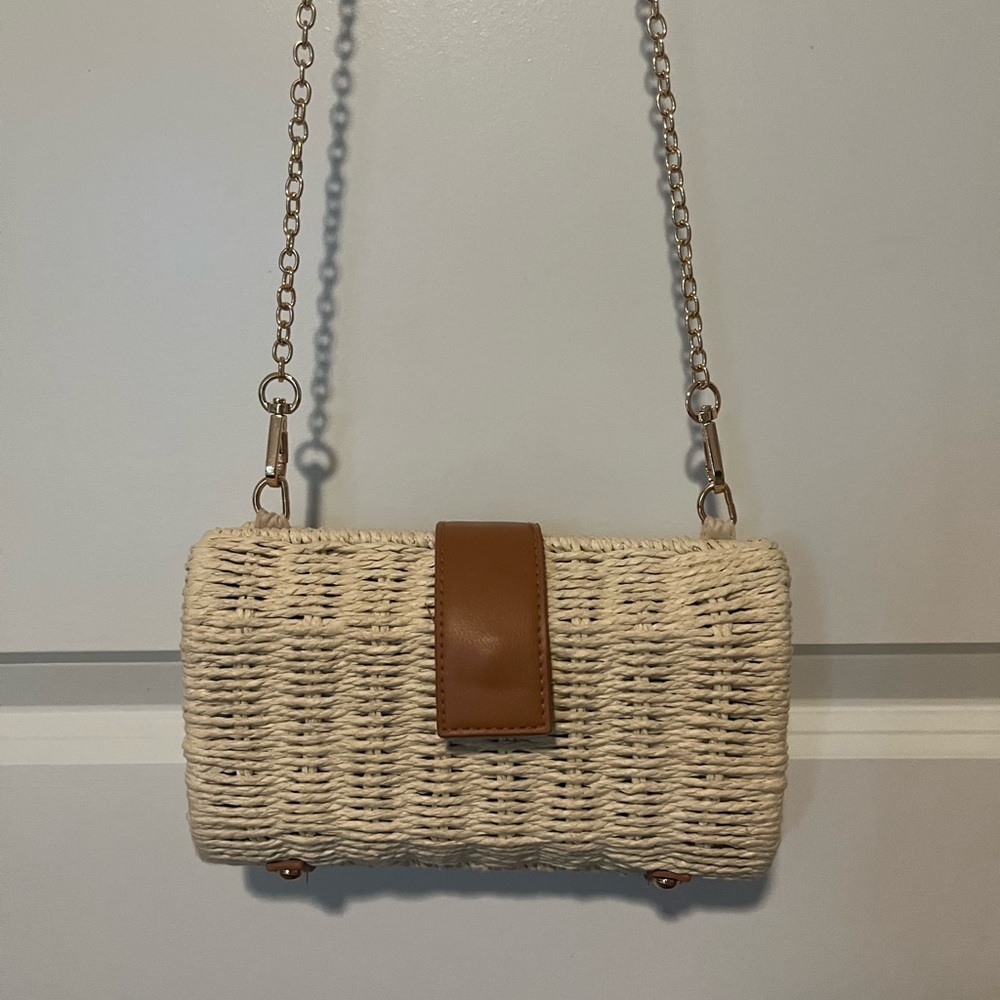 Shiraleah Cream Woven Crossbody with Brown Leather Accent